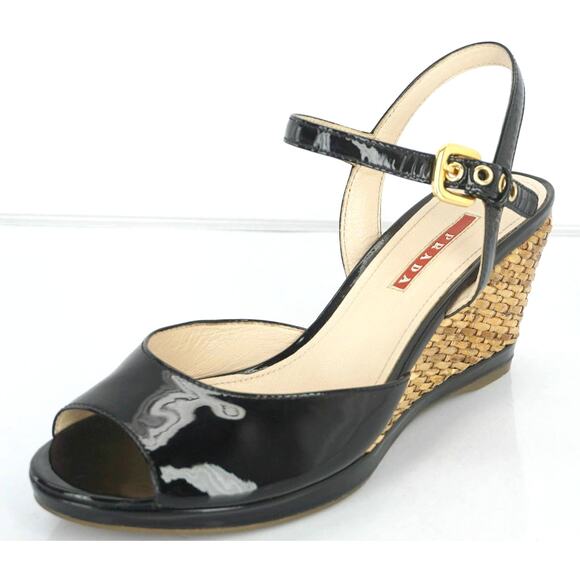 Prada Sport Black Patent Ankle Strap Woven Raffia Wedge Heel Sandals